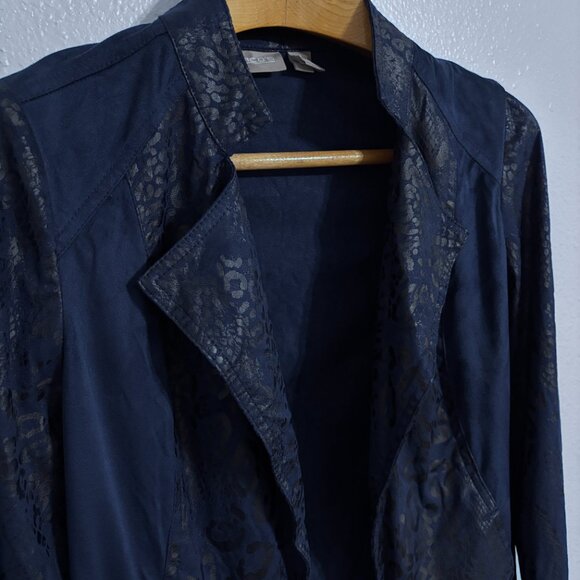 Chico's Navy Shiny Snakeskin Soft Suede Open Front L/S Jacket Size 1- Medium M - Picture 2 of 13